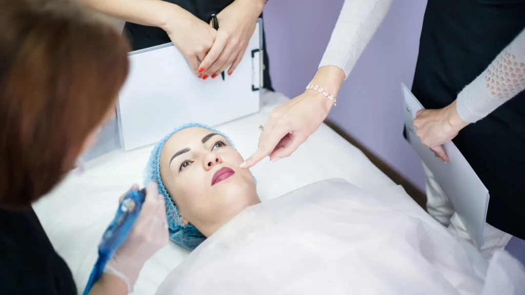 Aesthetic training session in Birmingham where students practice facial injection techniques on a model under expert supervision.